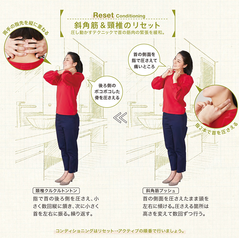 斜角筋＆頸椎のリセット：圧し動かすテクニックで首の筋肉の緊張を緩和。